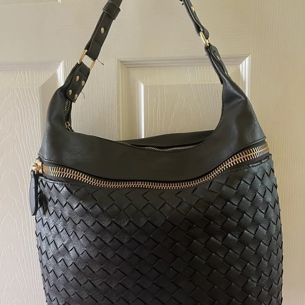 Madison West black faux leather basket weave large hobo bag gold tone hardwares